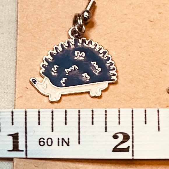 Stainless Steel Earring Hooks Dangle Dark Blue Cream & Silver Hedgehog Handmade - Picture 7 of 7
